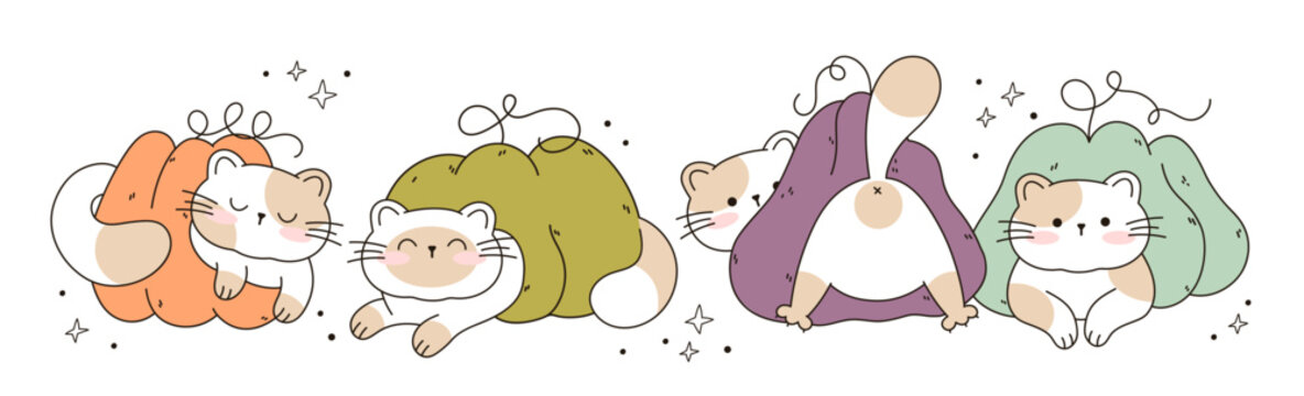 Kawaii cute cats in a pumpkins thanksgiving and autumn fall vector illustration 