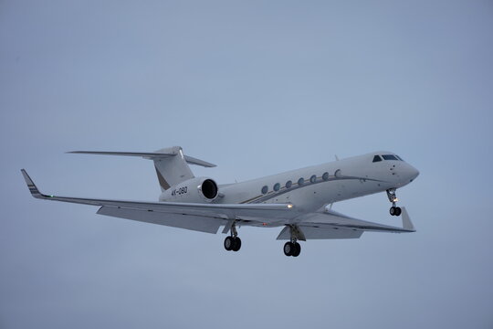 Private jet Gulfstream G550 registration 4K-080 landing at Swiss Z&uuml;rich Airport on a cloudy winter day. Photo taken January 12th, 2026, Zurich, Switzerland.