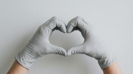 Hands in medical gloves forming a heart shape on light grey background, symbolizing healthcare, love, hope, compassion, support, and protection in the medical treatment. Copy Space