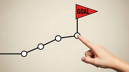 Finger touching the final milestone on a simple upward trajectory chart leading to a red flag labeled goal achievement concept