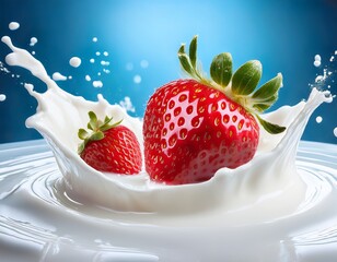 fresh strawberries cascading into a pool of milk