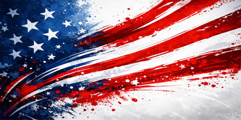 American flag background with red paint splash and ink splatter design featuring a grunge texture and artistic color drops on a dirty backdrop illustration © RazuAhmed
