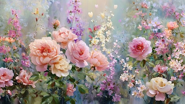 Impressionistic oil painting capturing a vibrant spring garden, showcasing various blooming pastel roses and delicate wildflowers, creating an artistic soft floral background texture