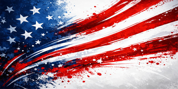 American flag background with red paint splash and ink splatter design featuring a grunge texture and artistic color drops on a dirty backdrop illustration