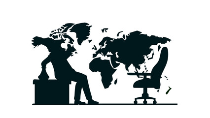 A silhouette of a businessman sitting at a table, moving a giant chess piece on a board shaped like a world map.