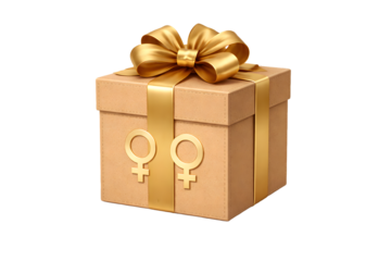 Kraft gift box with gold ribbon and female symbols on front