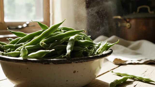 Green Beans Still Life In Rustic Bowl, Preparation Of Healthy Natural Food
