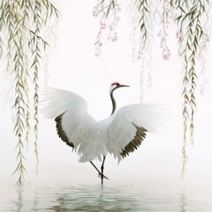 Obraz premium Serene artwork of a crane with outstretched wings, standing in shallow water under weeping branches