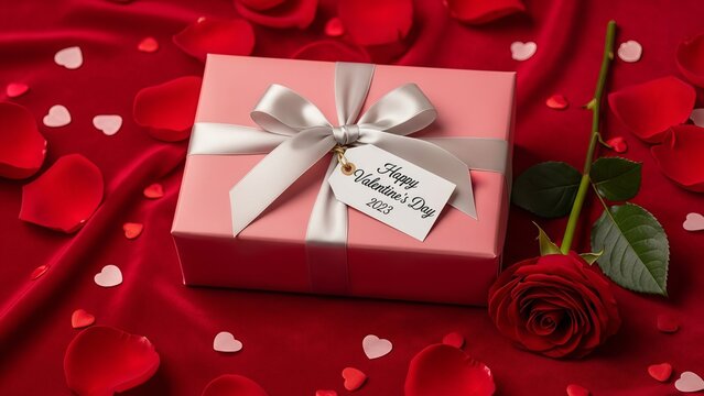 Pink gift box with silver bow and rose on red heart background