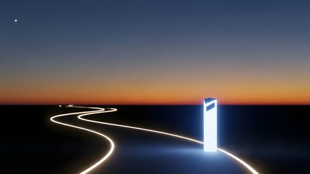 Futuristic highway with glowing digital arrow at dusk, motion blur, modern technology concept