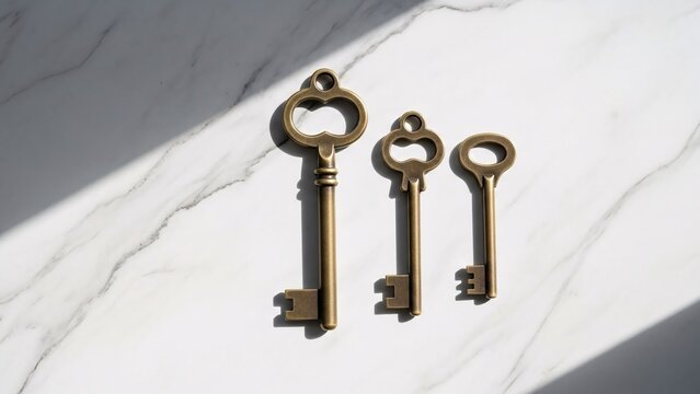 Three antique brass keys arranged on a marbled surface with dramatic light and shadow
