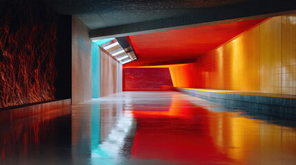 Vibrant modern underground passage with reflective wet floor, colored red orange and teal lighting creating dramatic mood