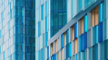 Blue glass facade with warm lit windows and vertical lines creating calm modern architecture