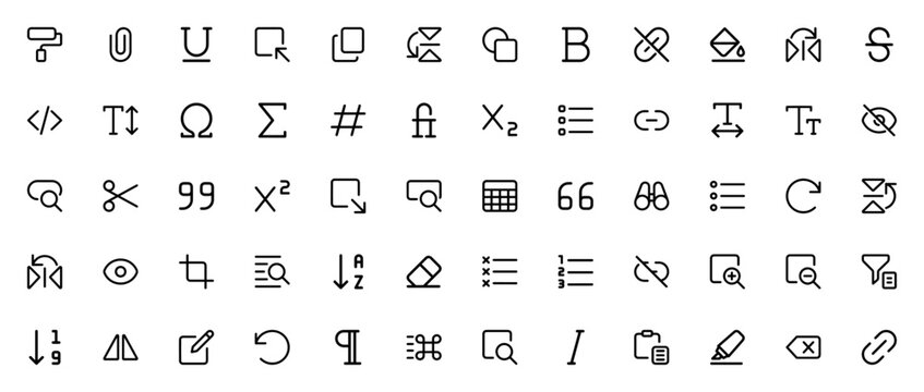 Text Editor icon set. Vector illustration pack featuring paint roller, paperclip, underline, copy, shapes, bold, link, font, code, search, edit, undo, redo and more. Editable stroke.