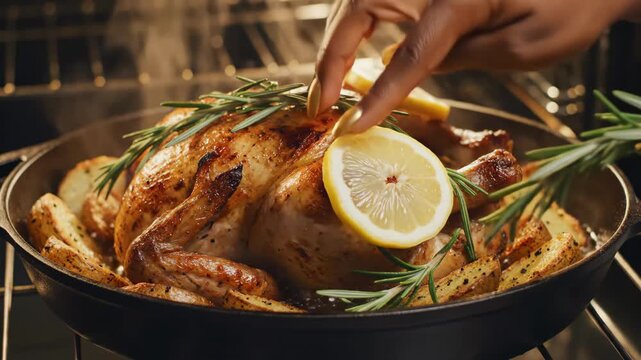 Golden, crispy chicken emerges from the heat, adorned with fragrant herbs and zesty lemon slices. The combination creates a delicious aroma, inviting everyone to the table.