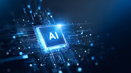 Ai processor chip glowing blue on a dark blue circuit board, representing advanced computing technology, big data, machine learning, and neural networks connecting information