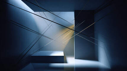 Moody minimalist interior with abstract light beams and intersecting cables creating dramatic geometric shadows, serene