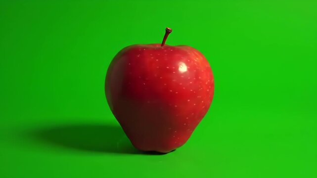 A vibrant red apple on a green background with a shadow