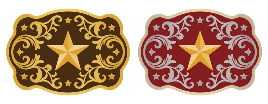 Sheriff star badge rodeo cowboy belt buckle, including wild west cowboy style tag, texas five point star, stylized decorative frame, vector design, rodeo event graphics