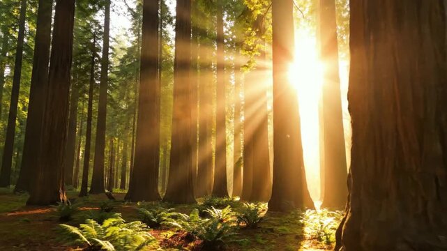 Sunbeams Shine Through Redwood Forest Trees at Sunrise, Nature Landscape