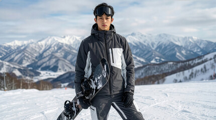 スノーボードを抱えゲレンデに立つ男性