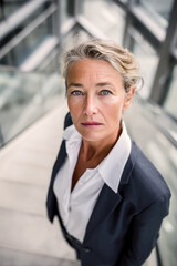 Senior European female executive viewed from above inside modern corporate building. Experienced professional woman standing on glass staircase with serious focused expression