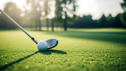 A golf club lies beside a ball on a lush green golf course during a sunny day.