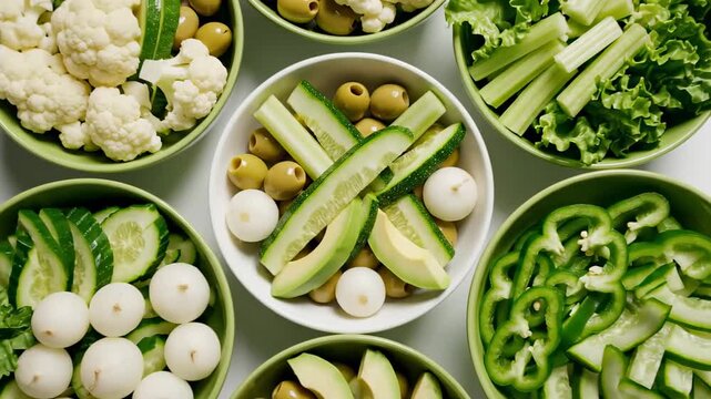 Green Vegetable Medley Bowls Forming A Pattern For Fresh Eating And Healthy Lifestyle