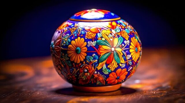 Colorful ceramic vessel with floral designs on wooden surface