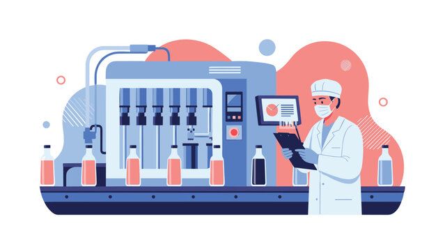 Professional technician in protective gear monitors automated liquid bottling process and industrial machinery in modern factory illustration.