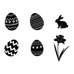 Black and white easter icons including eggs, bunny, and flower