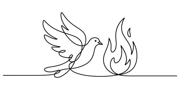 Continuous line drawing of a flying dove and a flame, symbolizing peace and the holy spirit