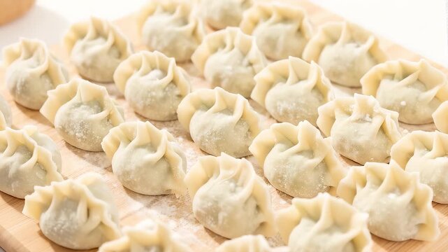 Neatly arranged handmade raw dumplings on a wooden board