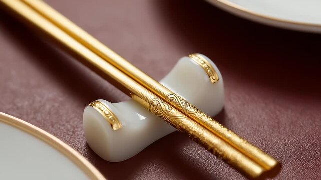 Golden engraved chopsticks on jade rest over red background