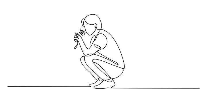 A continuous line drawing of a person squatting and smelling a delicate flower