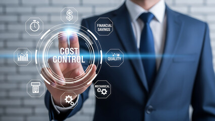 Intellectual Property Check
Answer: No. (The image features a person in a generic suit interacting with a digital interface. The text and icons are generic business concepts and do not contain protect