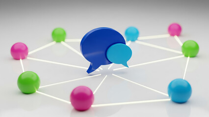 social network connection. 3d social network connection with blue speech bubbles and colorful spheres on white background