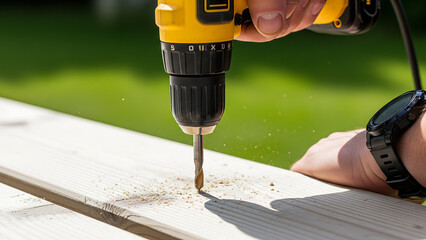 person using power drill. close up of person using electric power drill to bore hole in wooden plank outdoors