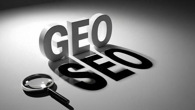 geo seo optimization concept. 3d white geo text with seo shadow and magnifying glass for local search engine optimization concept