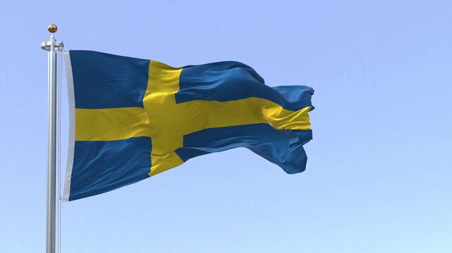 Swedish National Flag Waving on Flagpole with Clear Blue Sky Background, Realistic Fabric Animation