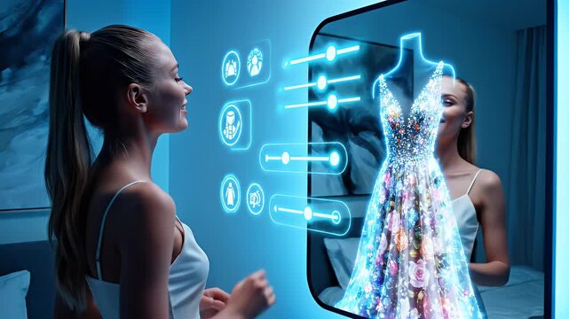 Caucasian Woman selecting Digital Dress on Smart Mirror Interface representing Personalized Shopping