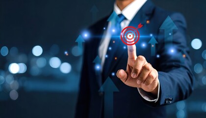 Businessman Touching Digital Target Symbol Representing Success and Growth with Arrows in Background on Blurred Night Cityscape