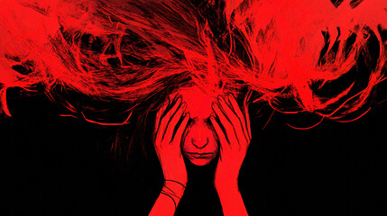 Abstract red and black illustration of a woman overwhelmed by anxiety