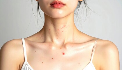 Close-up of Young Woman's Neck and Jawline with Skin Imperfections and Acne, Natural Light for Beauty and Health Themes