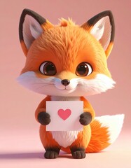 Fototapeta premium A cute, animated fox character holding a heart card, showcasing an adorable expression with fluffy fur and bright eyes against a soft pink background.