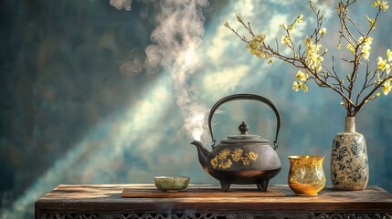 Elegant Teapot with Steam and Flowers on Wooden Table Backdrop