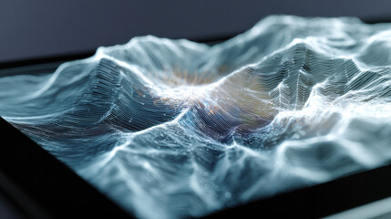 Wireframe landscape with glowing data lines and digital ripple, futuristic abstract scene evoking motion and depth