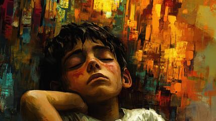 Naklejka premium Emotional portrait of a pensive boy with eyes closed in abstract scene