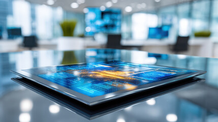 Sleek tablet device on glass table in modern office with glowing data interface, futuristic and focused mood