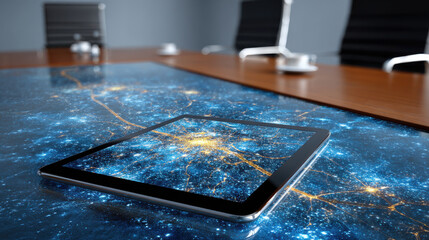 Tablet on illuminated digital map table in conference room glowing city network at night with warm highlights